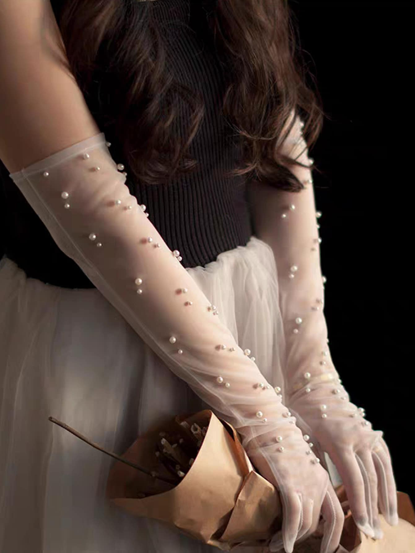 1 Pair White Faux Pearl Decor Elbow Length Bridal Gloves For Wedding Witch Halloween | SHEIN