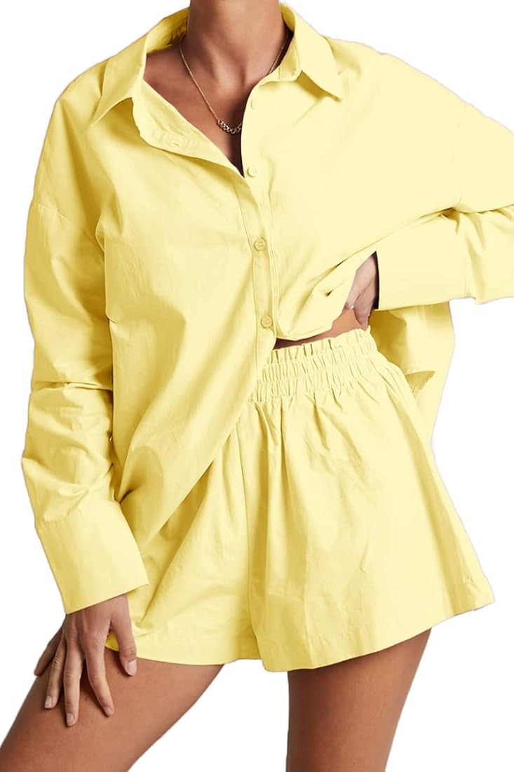 CHYRII Women's Two Piece Outfits Casual Long Sleeve Button Down Shirts Shorts Sets | Amazon (US)