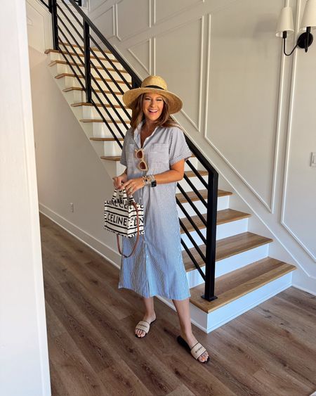 In a small button down stripe maxi, slides, hat, sunglasses, bag and accessories for spring - all fits TTS.

#LTKstyletip #LTKSeasonal #LTKfindsunder50