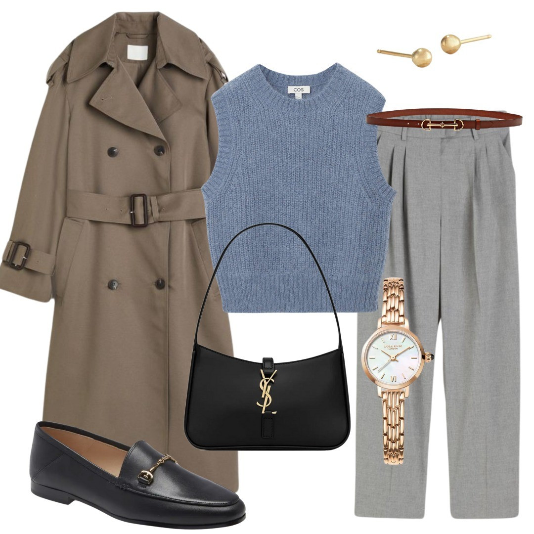 Trenchcoat styling, grey trousers, office trousers, office pants, loafers, blue sweater vest, chic styling 

#LTKworkwear #LTKstyletip #LTKshoecrush