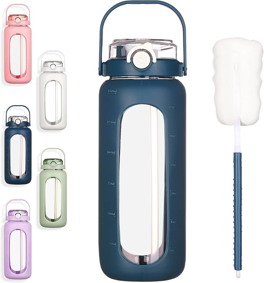 BLUEGO 56oz Glass Water Bottles with Straw Time Marker Half Gallon Large Motivational Water Bottl... | Amazon (US)