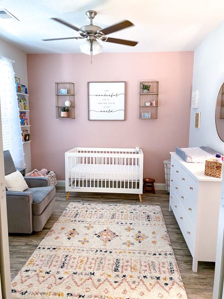 Baby girl nursery inspo! This is my daughters room. Most everything is from Target. The sign & shelves are actually from Marshall’s last year so I couldn’t link them, but tried to link some shelves similar at-least. #babygirlnursery #nurseryinspo 

#LTKbaby #LTKhome #LTKkids