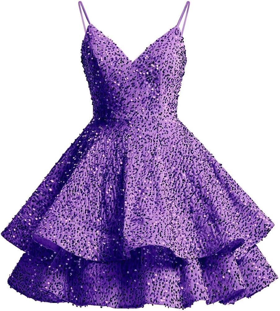 Sequin Tiered Homecoming Dresses 2024 Spaghetti Straps Sparkly Short Prom Dresses Cocktail Party ... | Amazon (US)