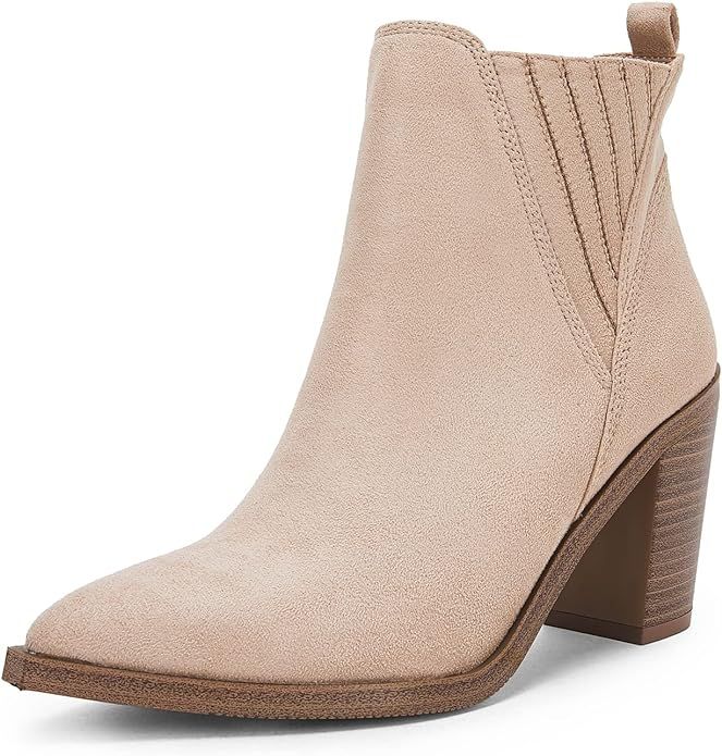 Amazon.com: Coutgo Womens Pointed Toe Ankle Boots Chunky Stacked Block Mid Heel Western Chelsea B... | Amazon (US)