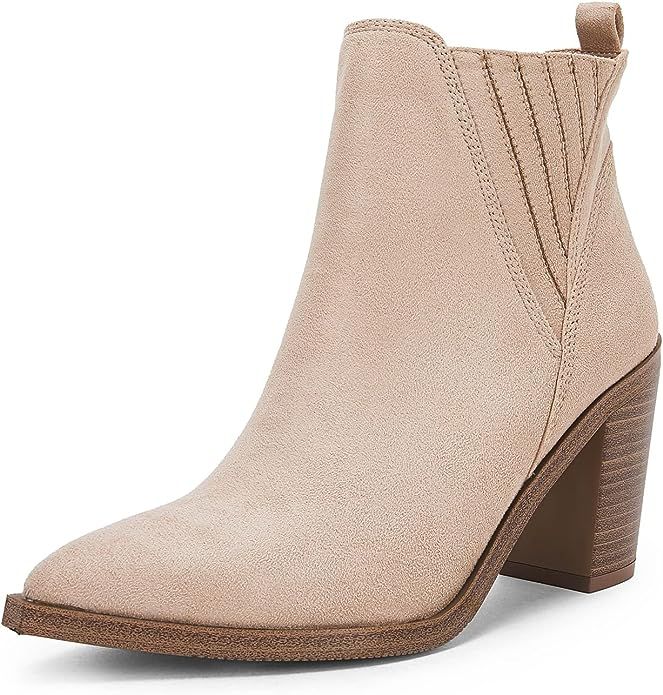 Coutgo Womens Pointed Toe Ankle Boots Chunky Stacked Block Mid Heel Western Chelsea Booties | Amazon (US)
