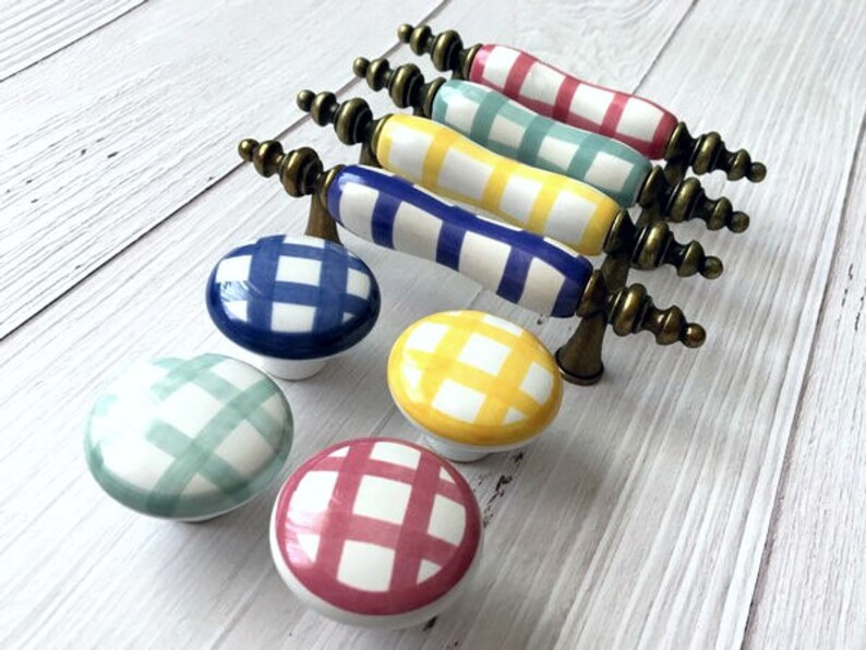 3" Gingham Drawer Pulls Knobs Handles Antique Bronze Blue Yellow Green Red Checked White Cabinet ... | Etsy (US)