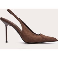 Chocolate Faux Suede Point Toe Sling Back Heeled Courts | PrettyLittleThing UK