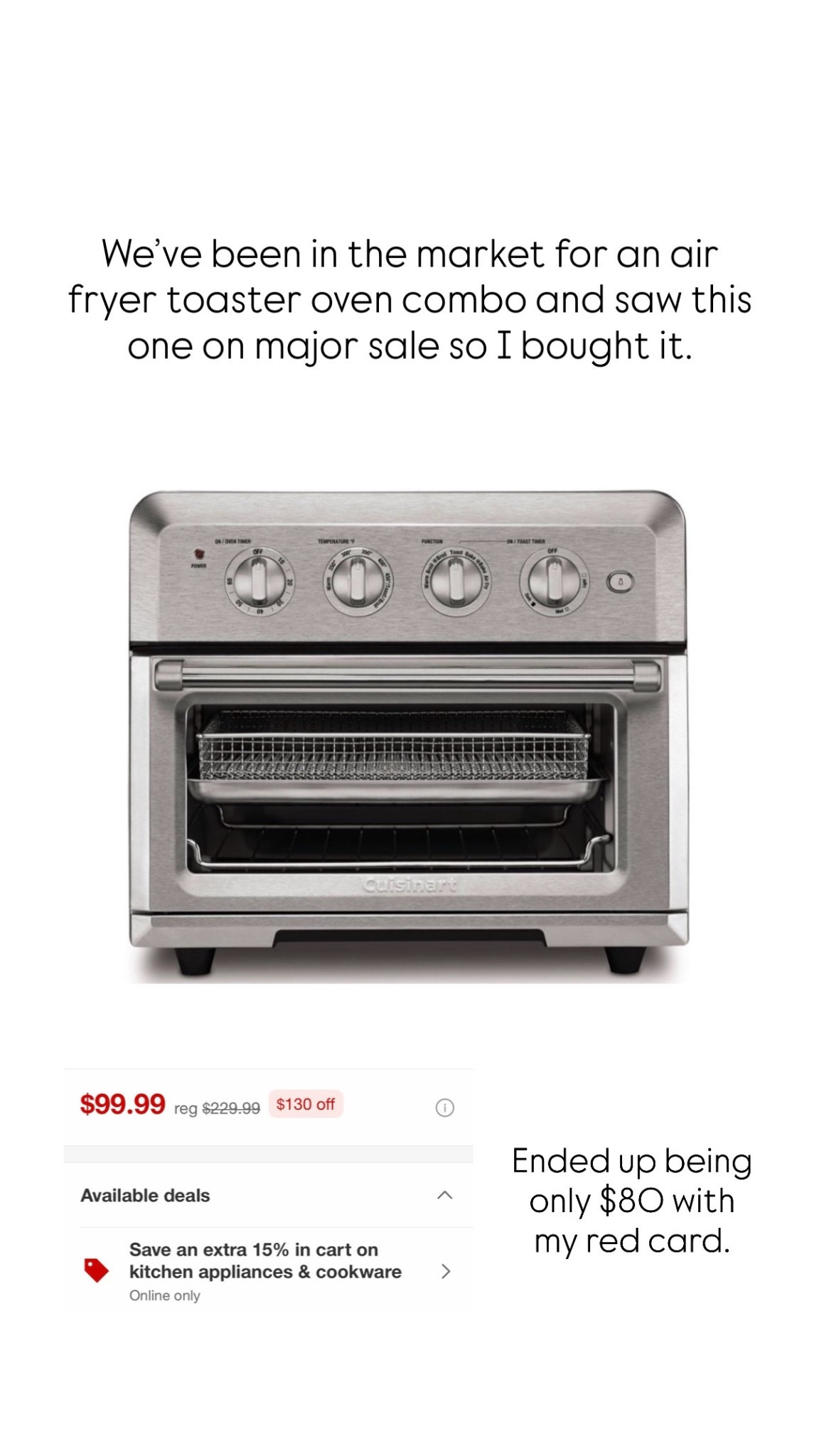 Air fryer toaster oven combo on major sale! Ended up being only $80  

#LTKHoliday #LTKfoodie #LTKSaleAlert