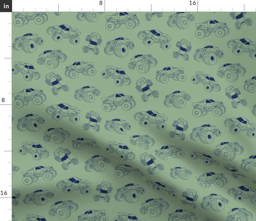 Minimalist scandinavian style monster tucks toy design for kids navy blue on sage green Fabric by... | Spoonflower