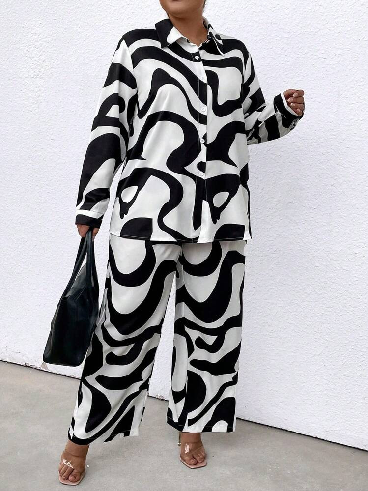 SHEIN LUNE Plus Size Full Print Long Sleeve Shirt And Pants Set Matching Set Fall Cloth For Women | SHEIN