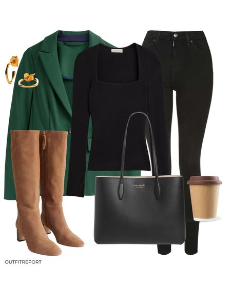 Blazer fashion green khaki blazer black long sleeve top black skinny jeans black tote handbag brown knee high boots and gold jewellery 

#LTKunder100 #LTKstyletip #LTKeurope