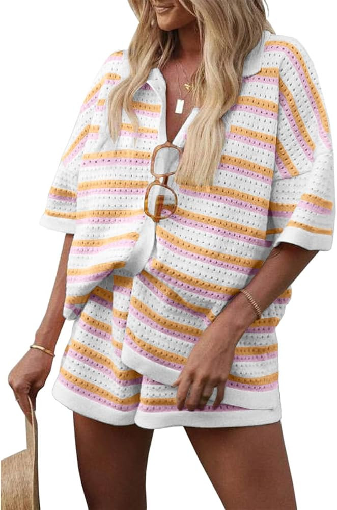 Flygo Striped Crochet Pajama Sets for Women 2 Piece Lounge Sets Short Sleeve Knit Button Tops Dra... | Amazon (US)