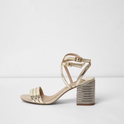 Gold wide fit metallic diamante heel sandals | River Island (UK & IE)