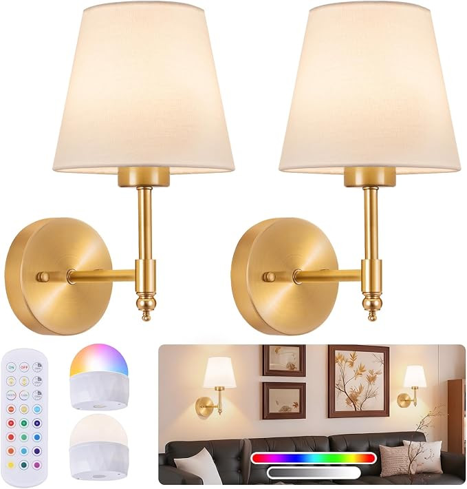 Battery Operated Wall Sconce Set of 2, Rechargeable Wireless Wall Lights | with fabric Lampshade,... | Amazon (US)