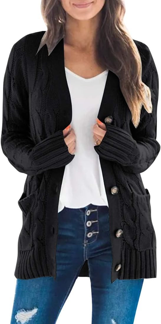 MEROKEETY Women's Long Sleeve Cable Knit Sweater Open Front Cardigan Button Loose Outerwear | Amazon (US)