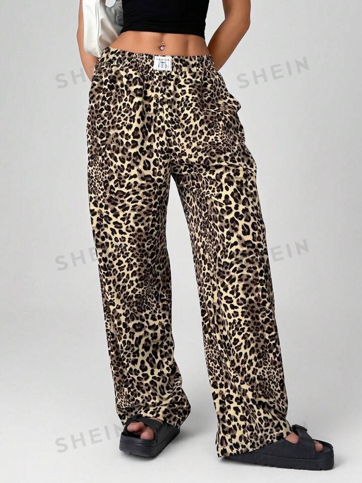 SHEIN EZwear Leopard Print Woven Wide-Leg Streetwear Pants For Women | SHEIN