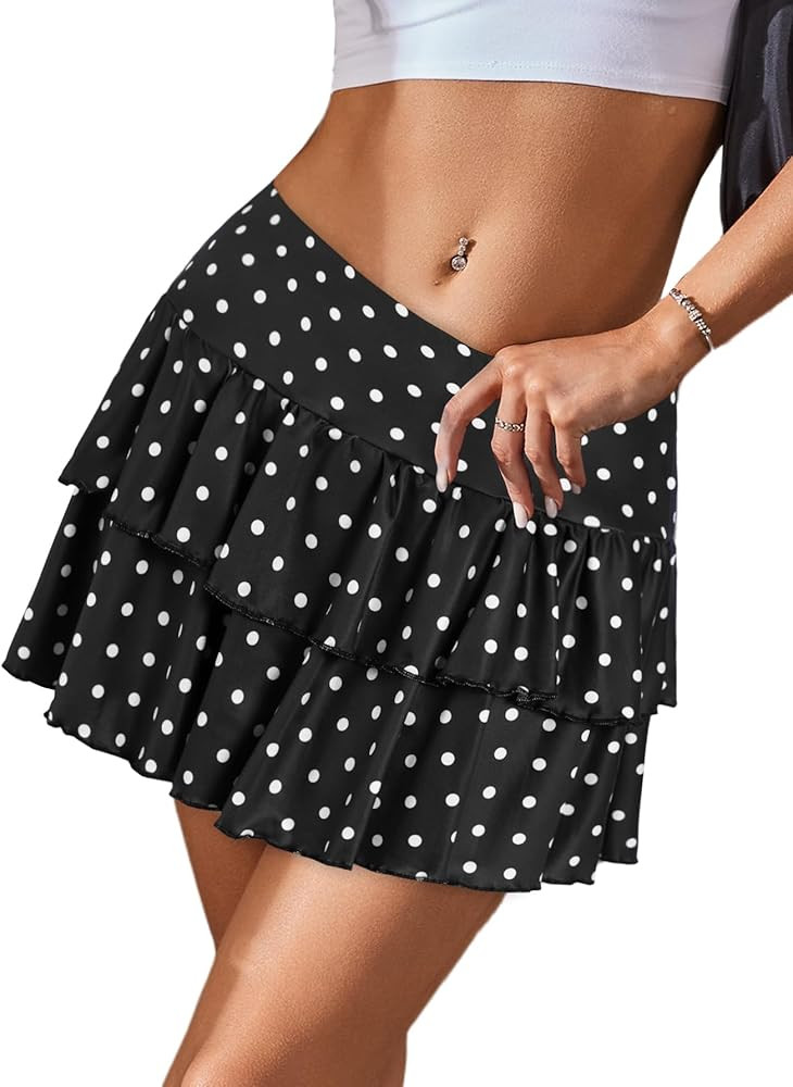 SOFIA'S CHOICE Women's Ruffle Layered Low Elastic Waist Mini Skirts with Inner Shorts | Amazon (US)