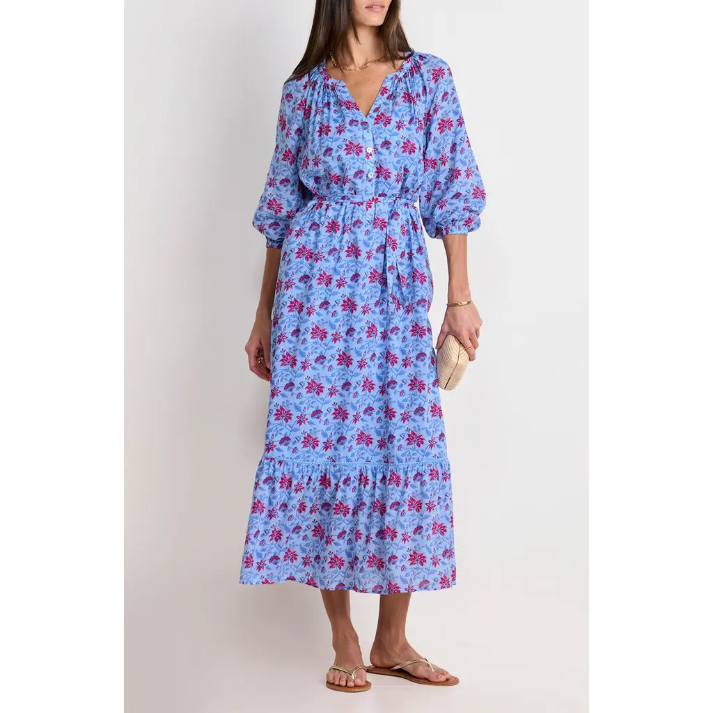 vineyard vines Floral Long Sleeve Cotton Blend Cover-Up Midi Dress in Floral Serenity Blue at Nordstrom, Size Xx-Small | Nordstrom