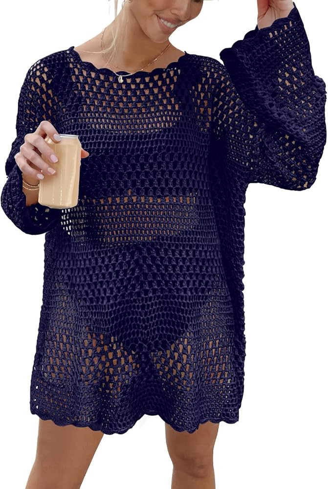 Prinbara Women Swimsuit Crochet Hollow Out Swim Cover Up Bikini Swimwear Knit Mesh Tunic Beach Dr... | Amazon (US)