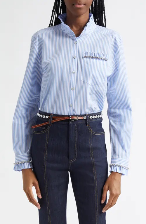 Cinq à Sept Gerda Stripe Cotton Shirt in Blue Hydrangea/Ivory at Nordstrom, Size Xx-Small | Nordstrom