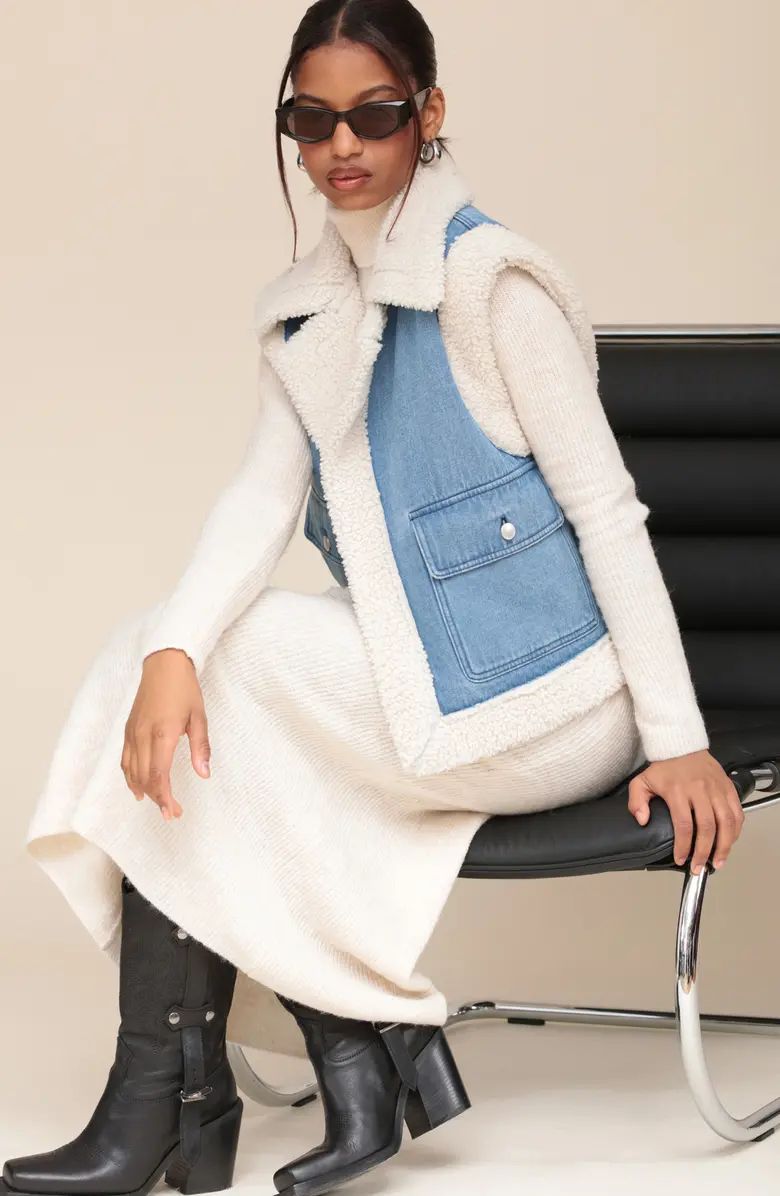 Bonded Faux Shearling & Denim Trucker Vest | Nordstrom