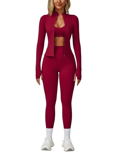 Workout Sets for Women 3 Piece Long Sleeve Zip Up Jacket, Crop Top, High Waisted Yoga Leggings Active Jogger Outfits Rose Red S | Amazon (US)