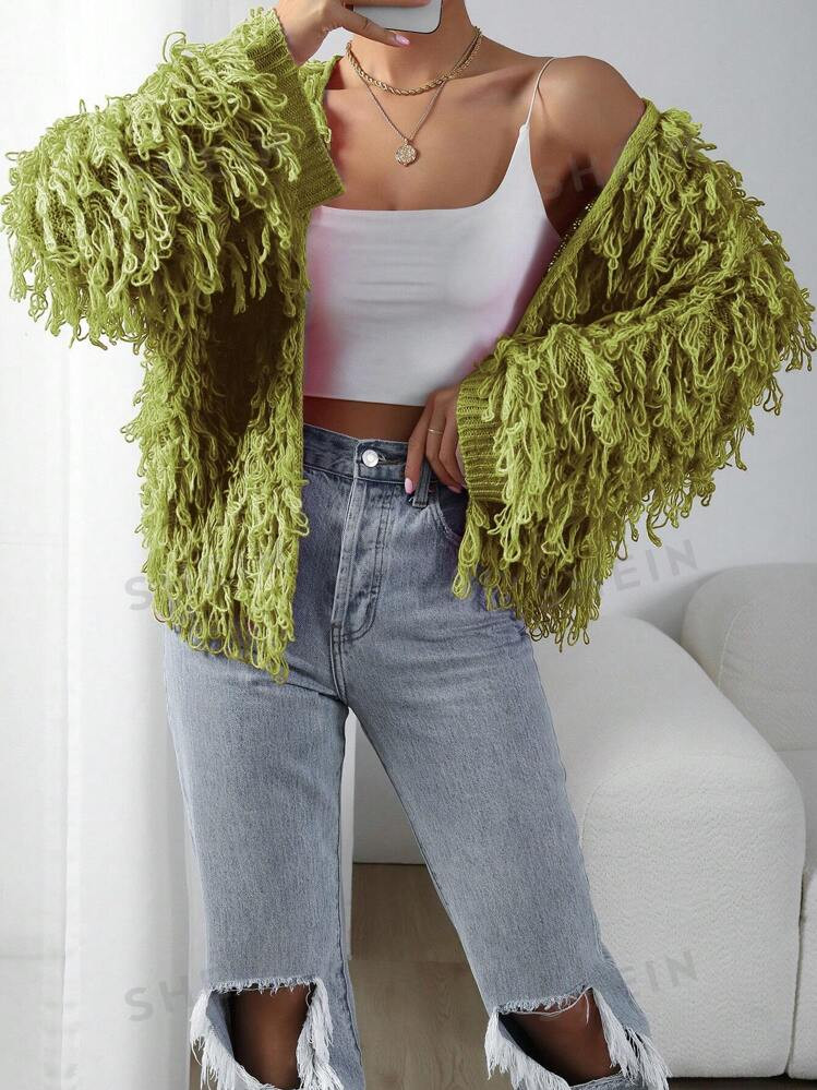 SHEIN Allurite Solid Open Front Fuzzy Cardigan,Long Sleeve Tops | SHEIN