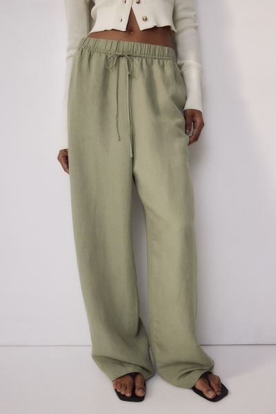 Pantalon en lin mélangé avec taille élastique - Taille haute - Longue - Vert kaki clair - FEMM... | H&M (FR & IT & ES)