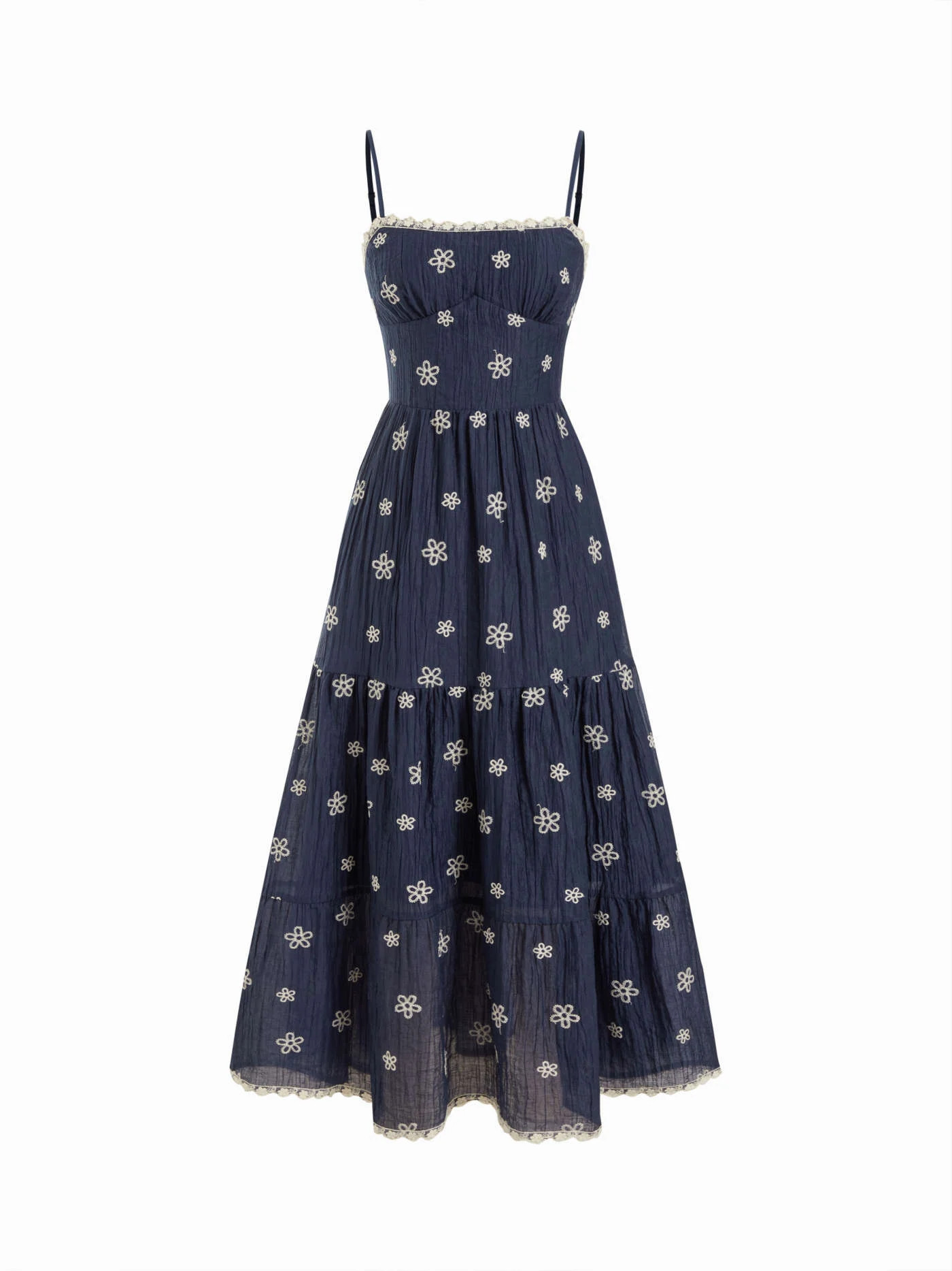 Chiffon Embroidery Floral Tiered Lace Trim Flared Maxi Dress For Daily Casual Vacation | Cider