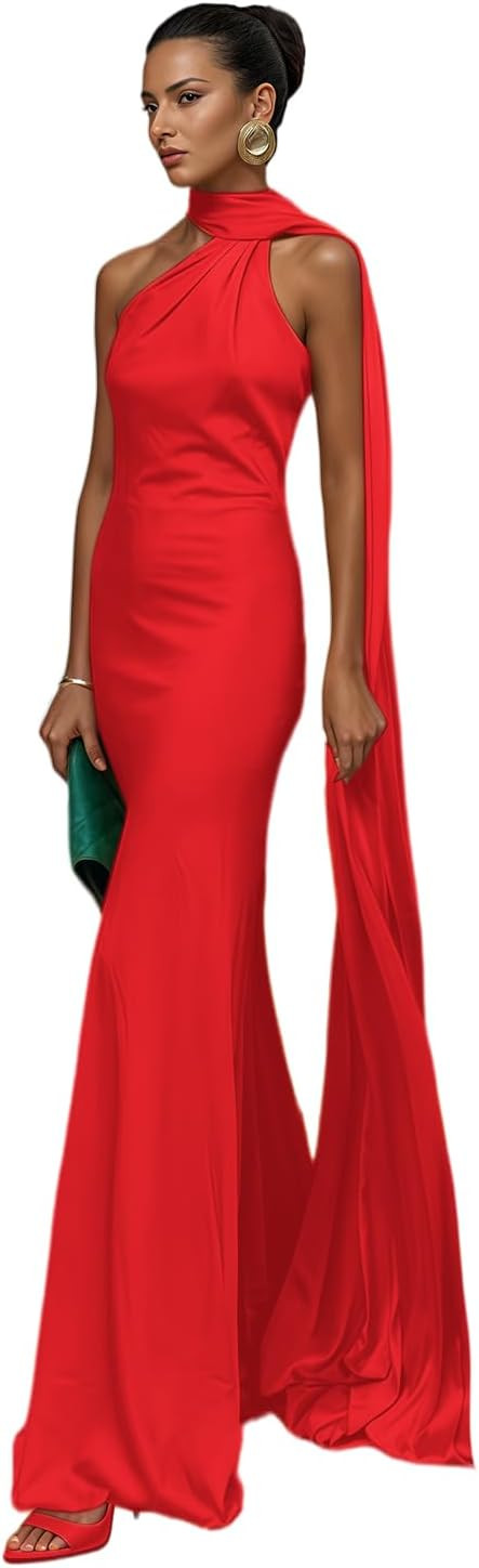 Women Satin One Shoulder Maxi Dress with Long Scarf Y2k Backless Long Prom Formal Evening Dresses | Amazon (US)