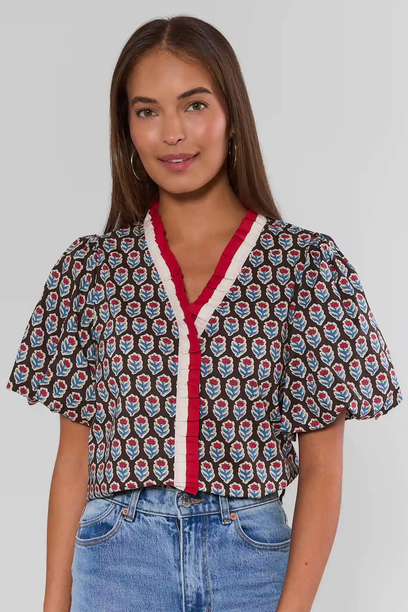 Brown Printed Contrast Trim Top | Avara