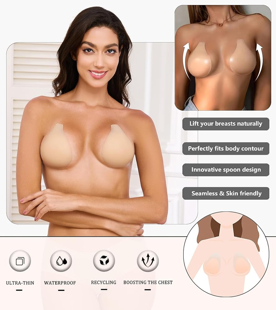 Bontierie Nipple Covers Sticky Push up Bra Added Lift Seamless Ultra-Thin Pasties Women Adhesive Bras Nude at Amazon Women\u2019s Clothing store | Amazon (US)