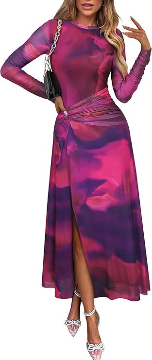 ECOWISH Long Sleeve Midi Formal Dress Women Fall Ruched Bodycon Party Cocktail Club Mesh Dresses ... | Amazon (US)