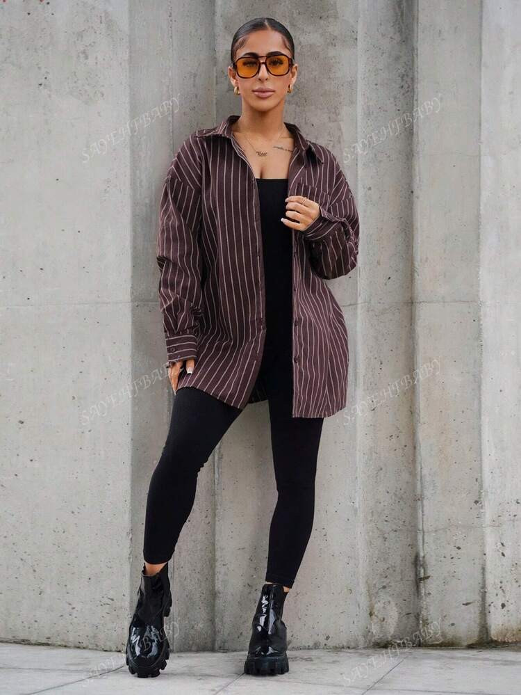 SAYEHFBABY Oversized Stripe Long Sleeve Shirt Top Only Fall Autumn Old Money Cute Cosy Country Cottage Core Back To School Casual Winter Christmas Lounge Top For Women | SHEIN