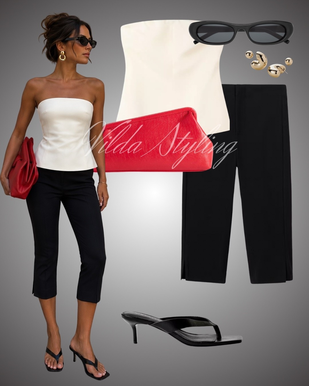 Elevated look with a pop of primary red. ❤️‍🔥
Loving this chic, minimalist combo of a strapless white top and sleek black capris. It’s the perfect blend of sophisticated and cool, especially with those trendy thong-strap heels. The bold red clutch adds just the right amount of drama, and these chunky gold earrings are the ultimate finishing touch.

#LTKstyletip #LTKeurope #LTKunder100 #MinimalistStyle #MonochromeOutfit #ElevatedBasics #RedClutch #SummerChic #OOTD #FashionInspo #VildaStyling #StreetStyle #CapriPants #GoldHoops #MinimalStreetStyle

#LTKsummer #LTKdatenight #LTKstyletip
