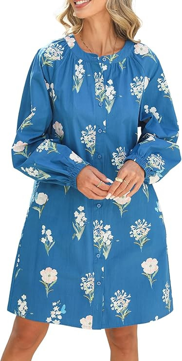 Floral Dress for Women Balloon Sleeve Print Button Front Cotton Mini Shirt Dresses with Pockets | Amazon (US)