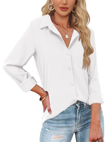 HOTOUCH White Button Down Shirt Women Long Sleeve Tops Office Dress Shirt Loose Office Work Blouse Formal Shirt with Pocket XL | Amazon (US)