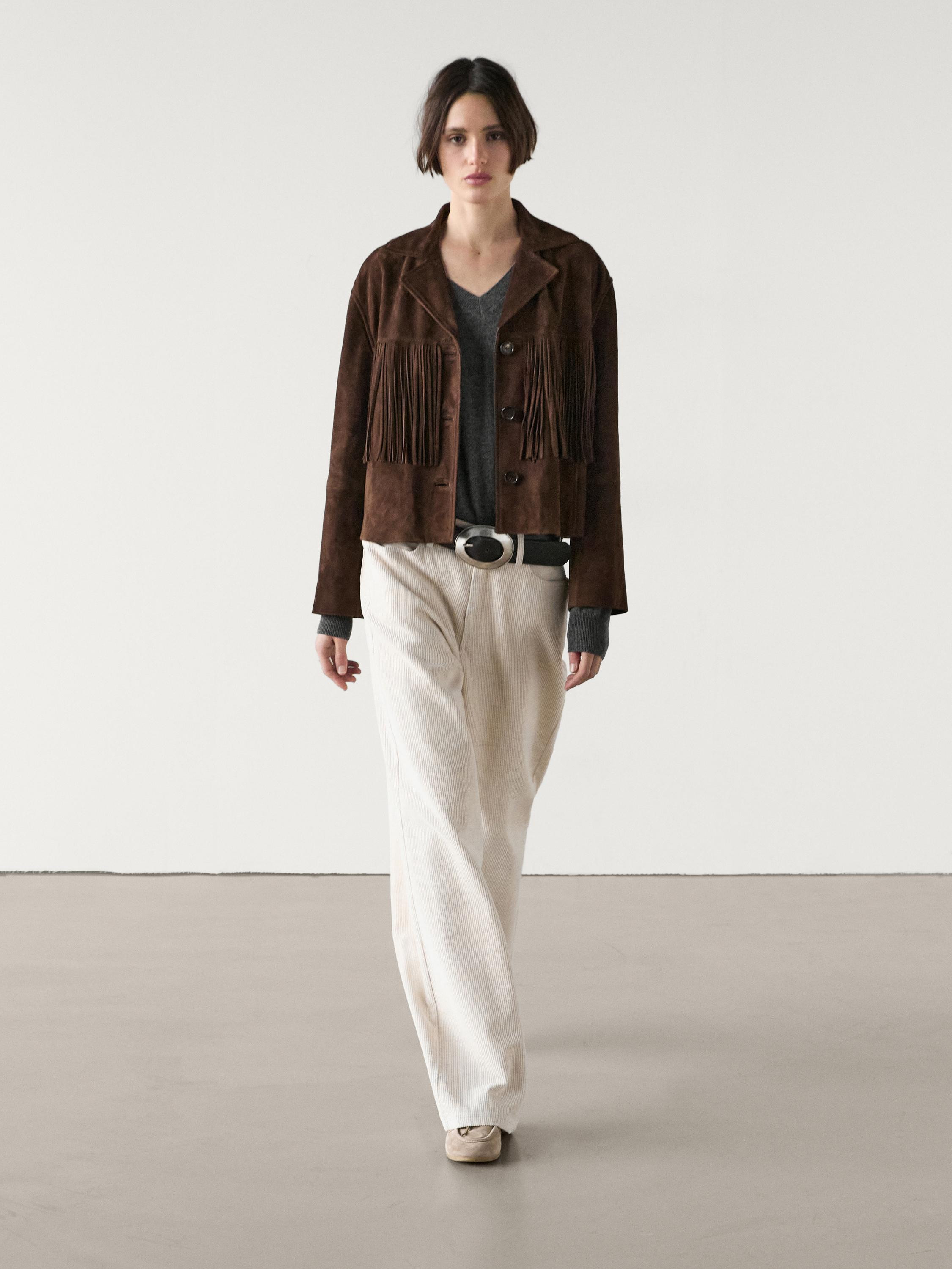 Suede jacket with leather fringing | Massimo Dutti US