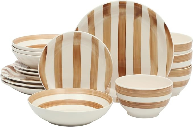 Gibson Home Kenwood Shores 16 Piece Dinnerware Set, Brown Striped, Stoneware, Hand-Painted Plates... | Amazon (US)