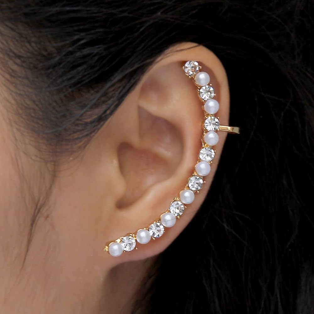 Crystal Pearl Flower Climbers Crawler Stud Earring Cute Rhinestone Resin Floral Left Ear Cuff Wrap Clip Earring Top Ear Clip Gold Jewelry Jacket for Women 1 Pcs | Amazon (US)