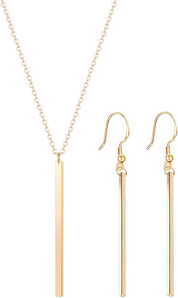 Culovity Vertical Bar Pendant Necklace Earrings - Simple Long lariat Chain Minimalist Dangle Earring | Amazon (US)