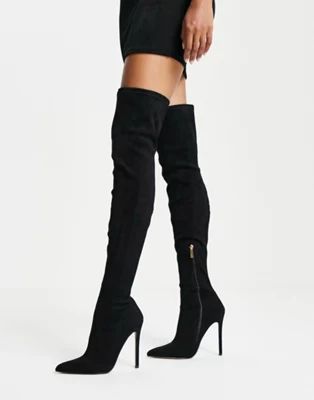 ASOS DESIGN Koko heeled over the knee boots in black micro | ASOS | ASOS (Global)