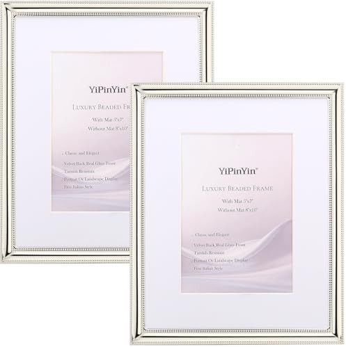 YiPinYin Classy Silver Plated 8x10''Photo Frame 2 pack,Classic Beaded Frame 8x10'' Mat 5x7'',Real... | Amazon (US)