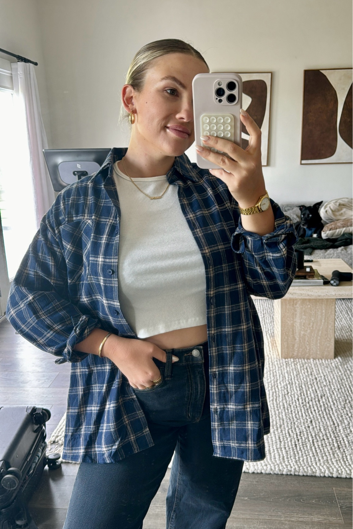 oversized blue flannel shirt wearing a size S/M. Currently 50% off!! 

#LTKsalealert #LTKfindsunder50 #LTKmidsize