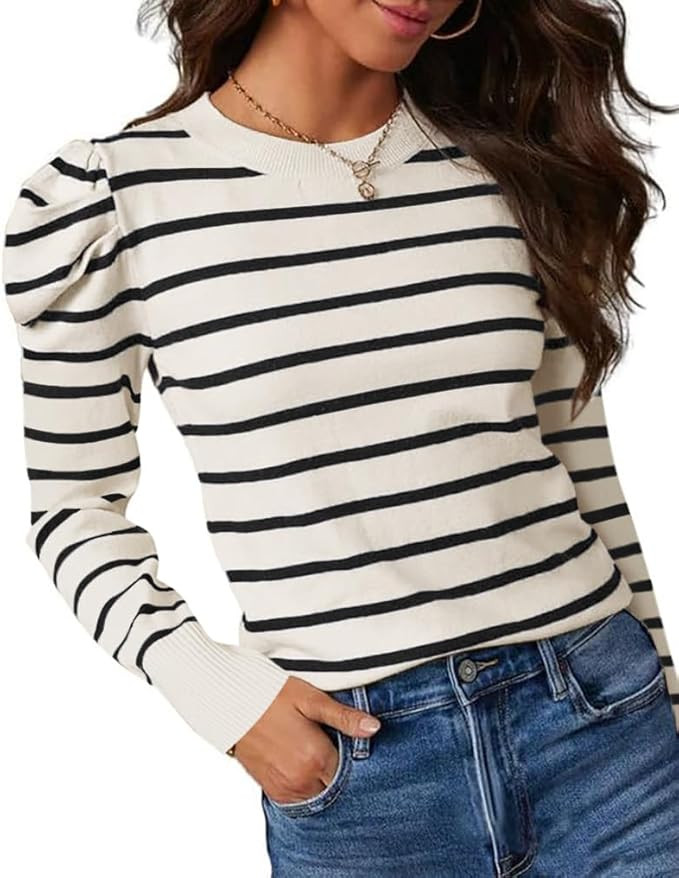 UNCLECAT Women's Striped Sweater Trendy Lightweight Sweaters Puff Long Sleeve Tops Casual Knit Pu... | Amazon (US)