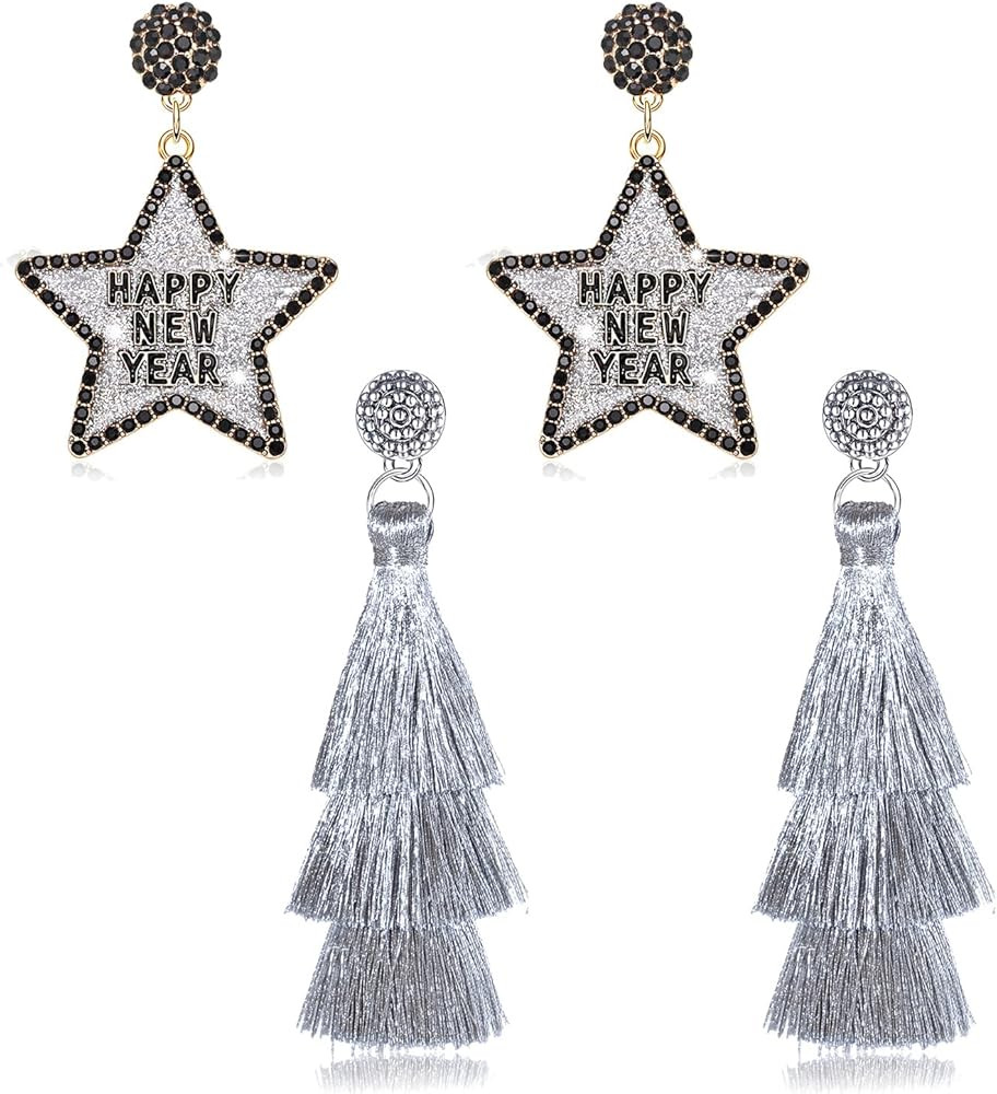 Happy New Year Earrings Beaded 2023 Earrings Rhinestone Letter NYE Star Hat Drop Dangle Earrings ... | Amazon (US)