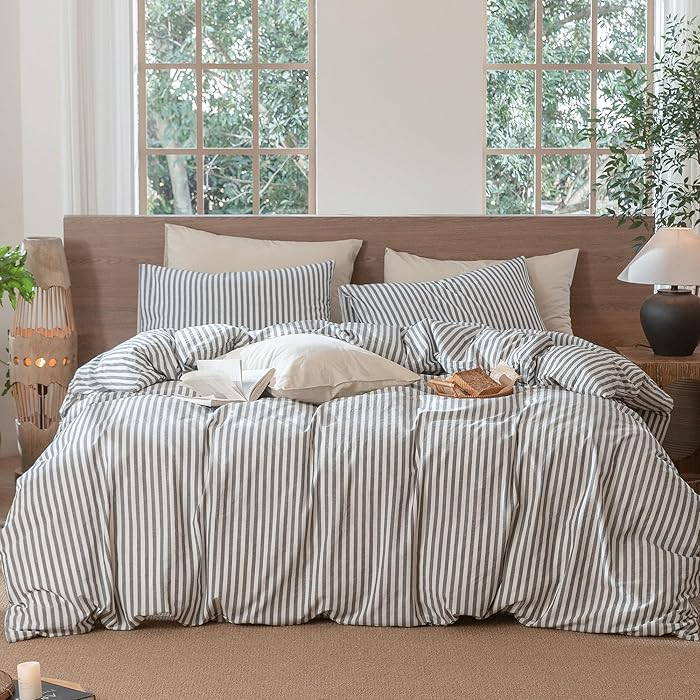 MooMee Striped Duvet Cover Set 100% Washed Cotton Linen Like Textured Breathable Durable Soft Com... | Amazon (US)