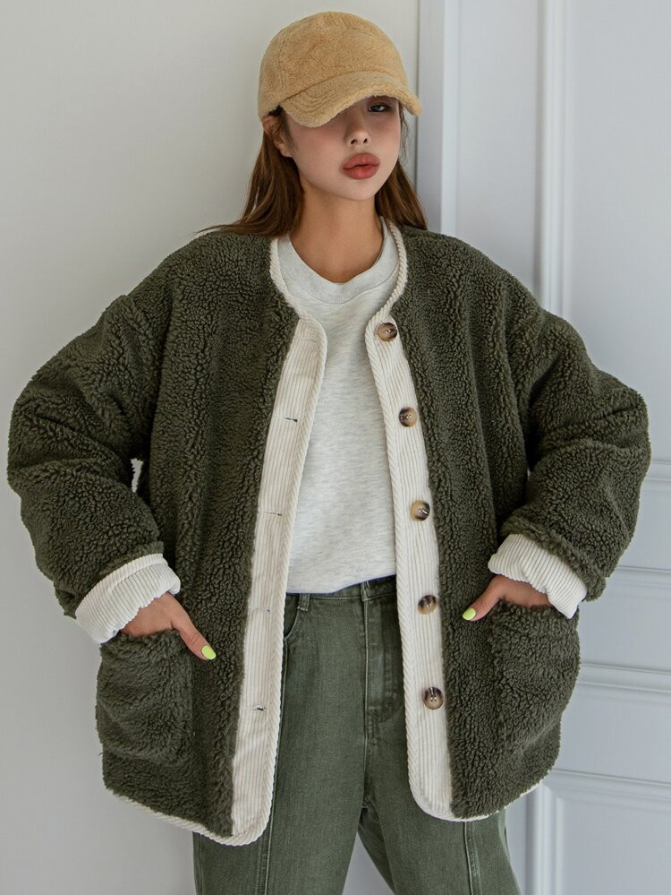 DAZY Drop Shoulder Contrast Trim Teddy Coat | SHEIN