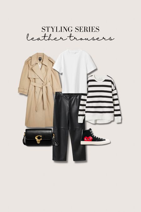 Styling leather trousers - white t shirt from COS, classic trench coat, striped jumper over the shoulders, converse & black coach crossbody bag

#LTKstyletip #LTKshoecrush #LTKitbag