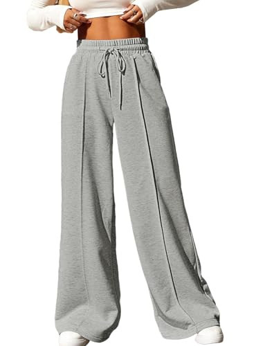 Aleumdr Women's Wide Leg Pants with Pockets Casual Sweatpants Elastic Waist with Drawstring Comfy Lounge Flowy Pants Gray XX-Large | Amazon (US)
